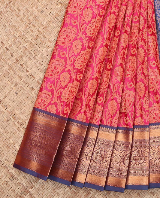 Pink Budget Silk Saree, Detailed with Floral Jacquard Design, Complemented by a Contrast Traditional Zari Border, Jaal Pallu, and a Contrast Blouse