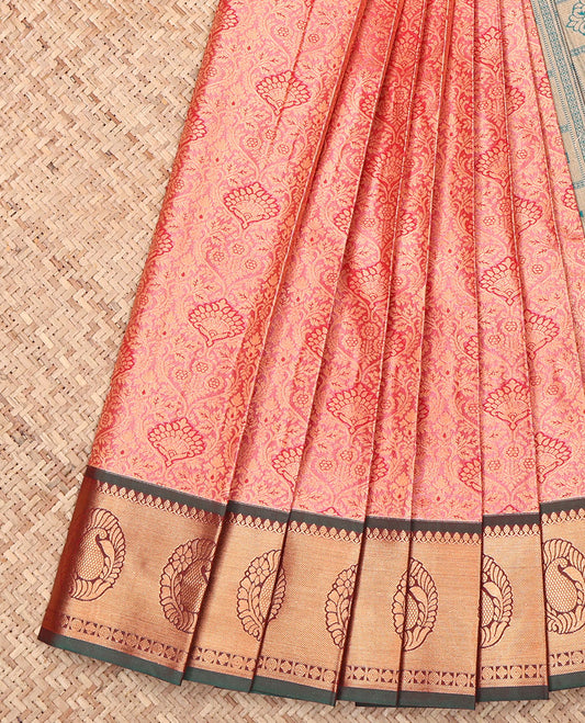 Peach Budget Silk Saree, Bedecked with Jacquard Design, Complemented by a Contrast  Zari Border, Grand Pallu, and Contrast Blouse