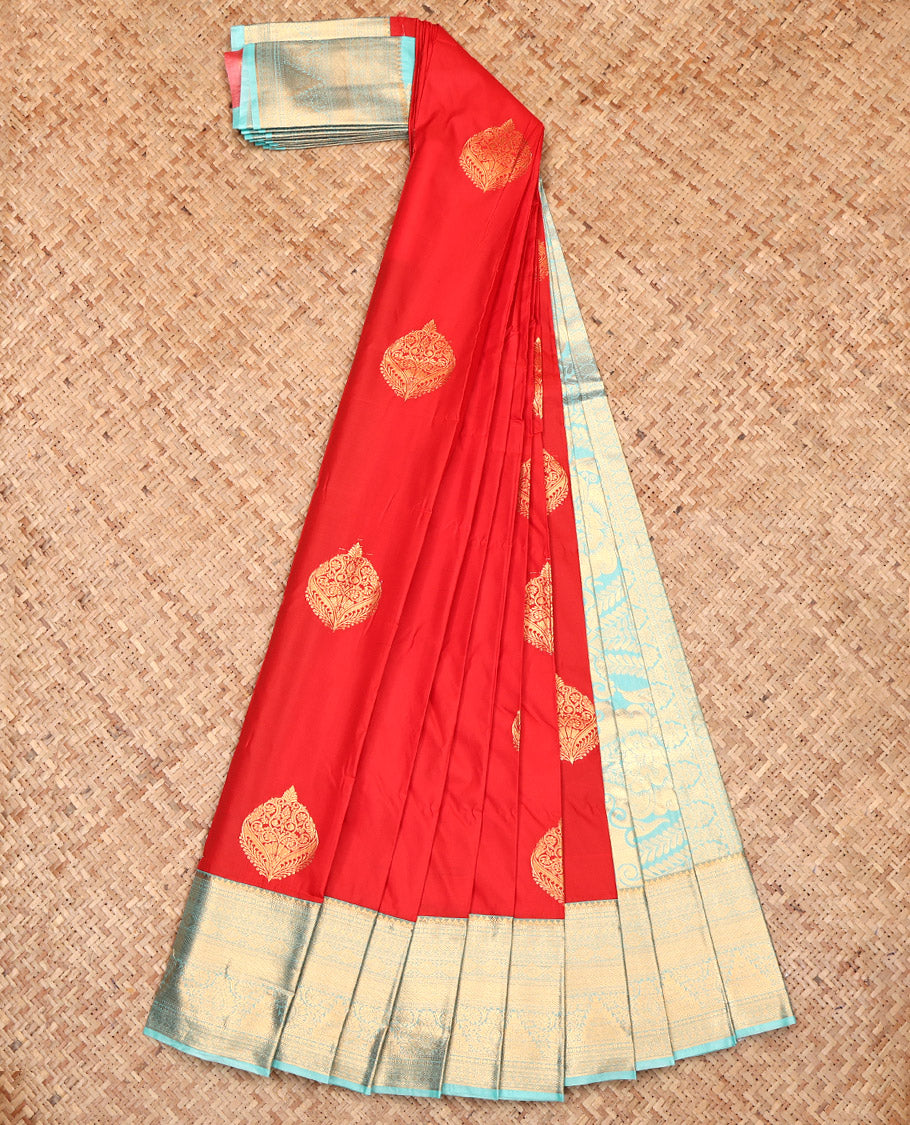 Orange Budget Silk Saree, Woven with Zari Buttas, Complemented by a Contrast Traditional Border, Grand Pallu, and a Contrast Blouse