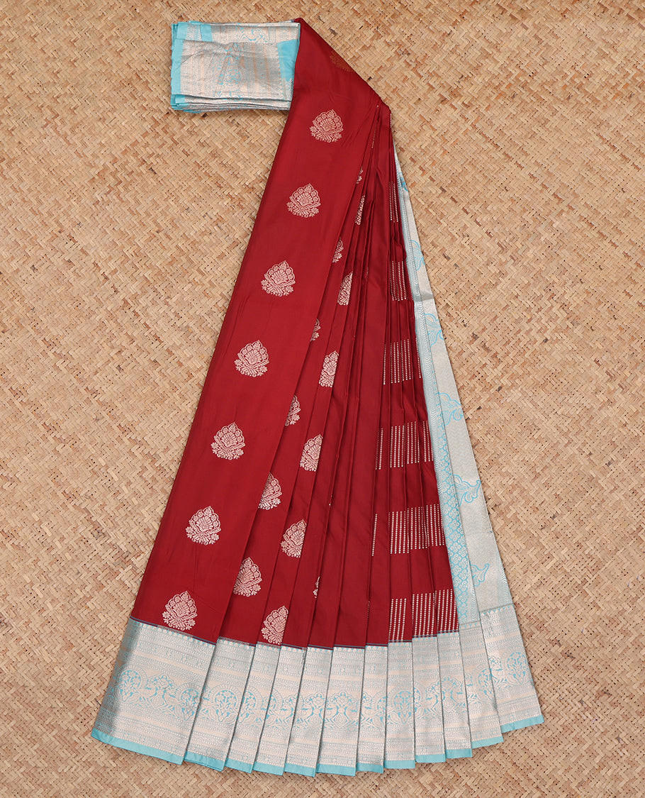 Maroon Budget Silk Saree, Detailed with Zari Buttas, Complemented by a Contrast Traditional Zari Border, Grand Pallu, and a Contrast Blouse