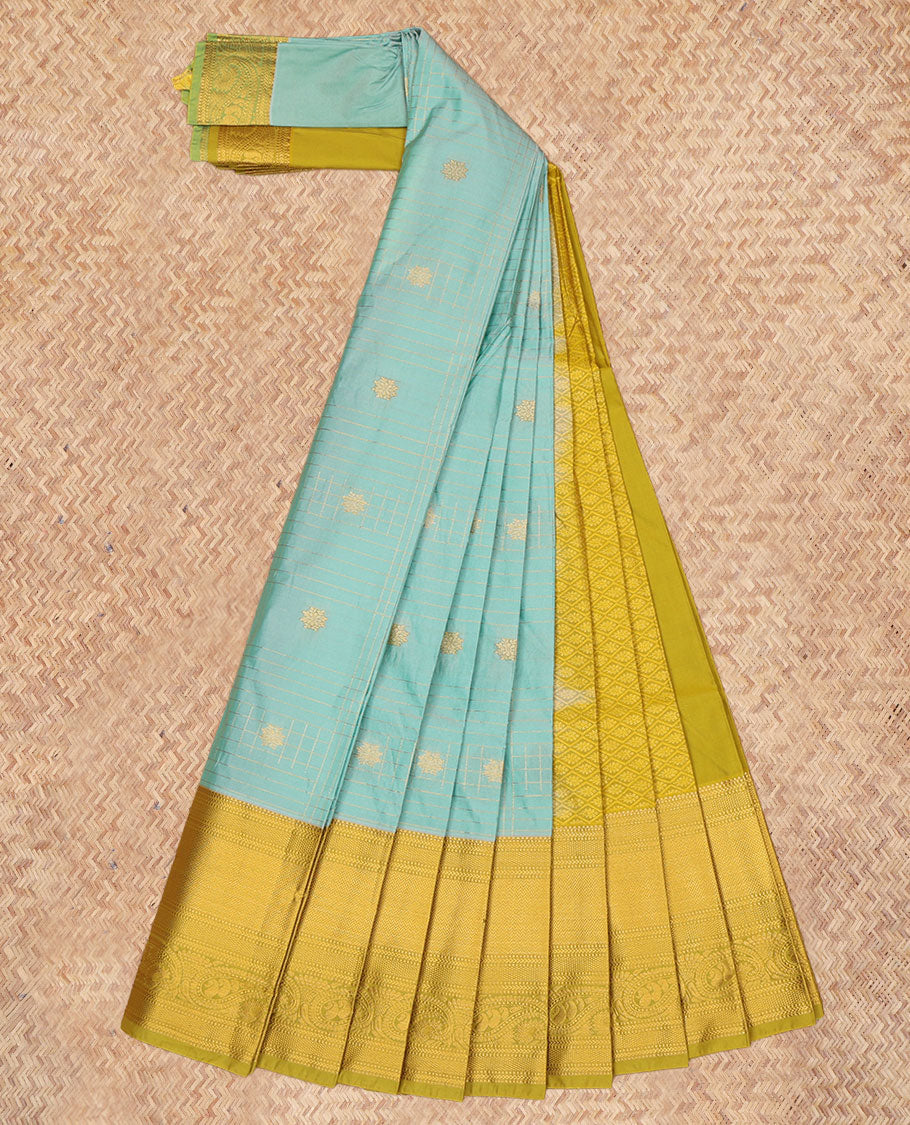 Pale Green Budget Silk Saree, Enthralled with Zari Buttas, a Contrast Traditional Zari Border, Grand Jaal  Pallu, and a Contrast Blouse
