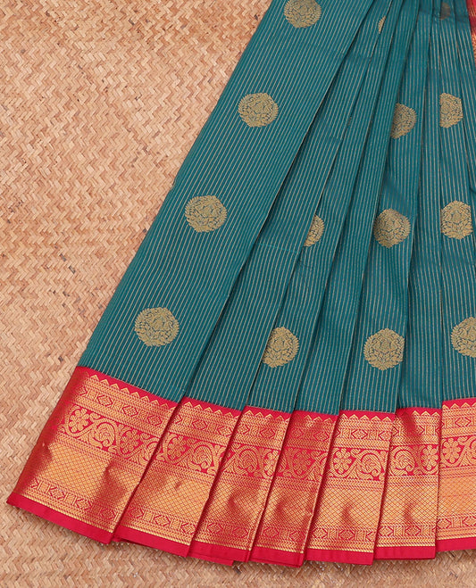 Green Budget Silk Saree, Detailed with Zari Buttas and Stripes, Complemented by a Contrast Traditional Zari Border, Grand Pallu, and a Contrast Blouse