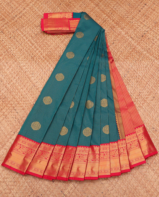 Green Budget Silk Saree, Detailed with Zari Buttas and Stripes, Complemented by a Contrast Traditional Zari Border, Grand Pallu, and a Contrast Blouse