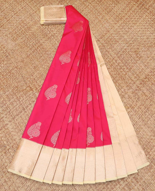 Pink Budget Silk Saree, Featuring Jacquard Design, Complemented by Contrast Traditional Zari Border, a Grand Pallu and a Contrast Blouse