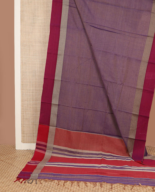 Violet buttas Narayanpet cotton saree, contrast peacock design border & striped pallu