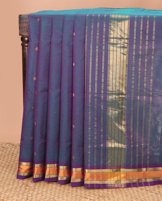 Blue dual-tone zari buttas Venkatagiri cotton saree, traditional zari border, and zari striped pallu