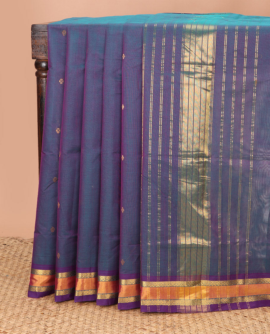 Blue dual-tone zari buttas Venkatagiri cotton saree, traditional zari border, and zari striped pallu