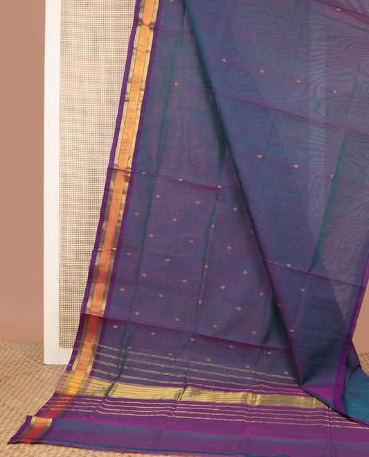 Blue dual-tone zari buttas Venkatagiri cotton saree, traditional zari border, and zari striped pallu