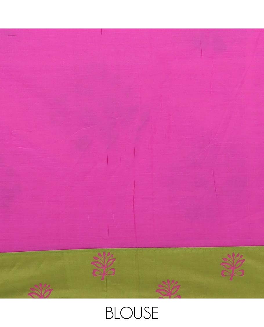 Parrot green floral motifs printed poly cotton saree, contrast horse-human motifs motifs border, and bird motif pallu