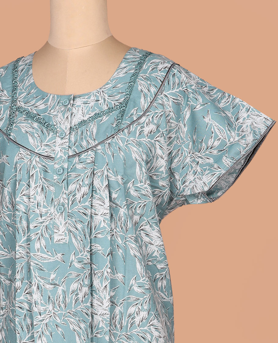 Laurel green leaf printed with round neck embroidered half-sleeve cotton nighty