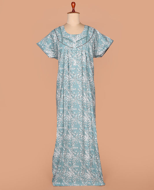 Laurel green leaf printed with round neck embroidered half-sleeve cotton nighty