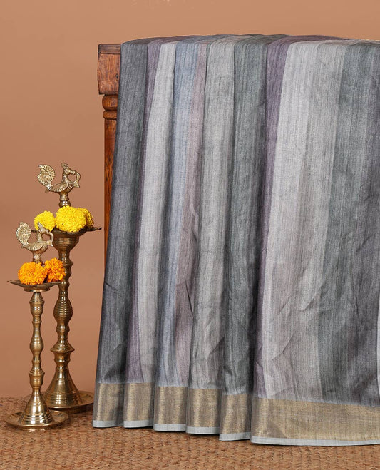 Blue hand-brush-dye theme printed semi-tusser silksaree,bavanji zari border,Madhubani printed pallu & floral print blouse