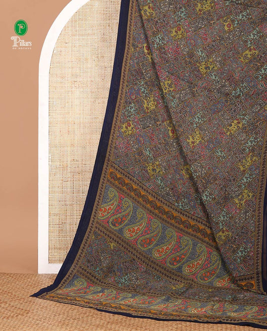 Navy blue kaleidoscopic-colored checks mill-printed kimaya saree, contrast plain border & paisley & geometric printed pallu