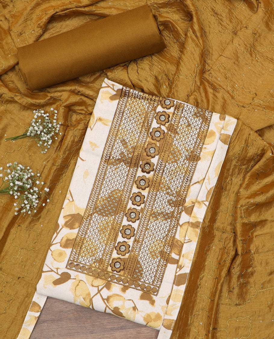 Mustard material chudidar set, leaf print with thread neck embroidered top, contrast bottom and sequins embroidered dupatta