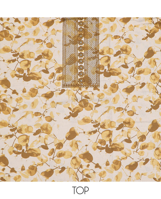 Mustard material chudidar set, leaf print with thread neck embroidered top, contrast bottom and sequins embroidered dupatta