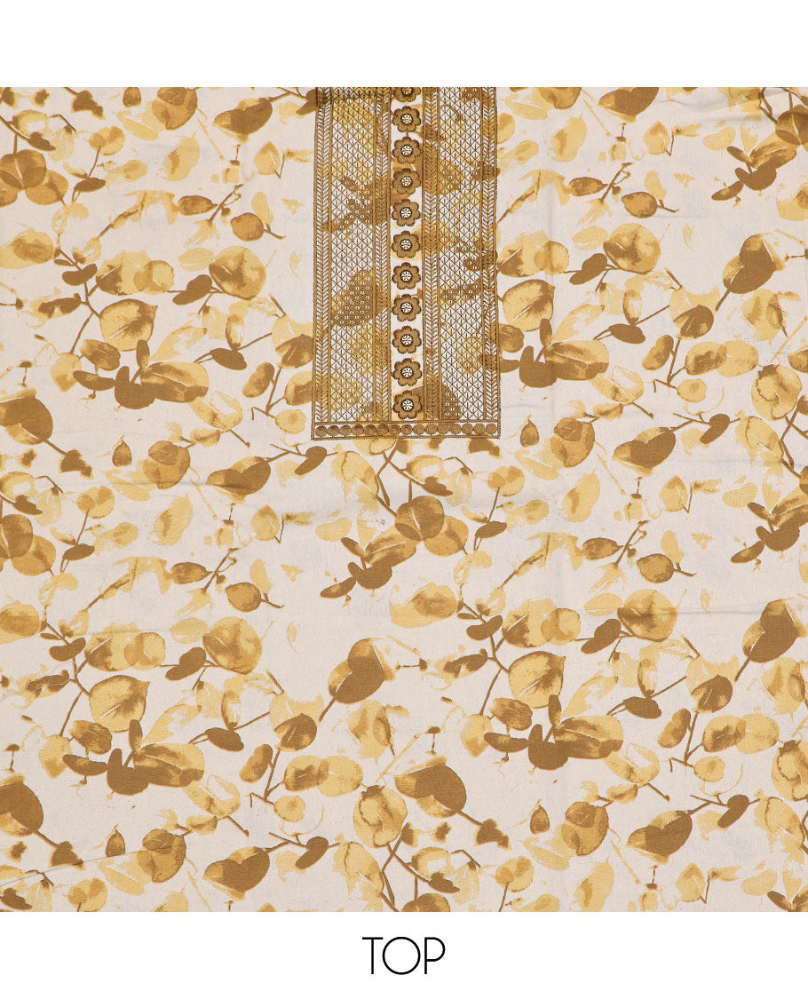 Mustard material chudidar set, leaf print with thread neck embroidered top, contrast bottom and sequins embroidered dupatta