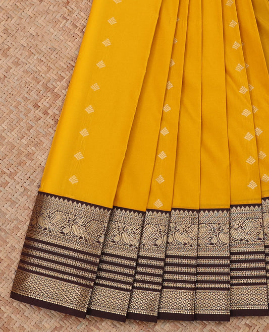 Yellow Budget Silk Saree, Enriched with Zari Buttas, a Contrast Traditional Zari Border, Grand Pallu, and a Contrast Blouse