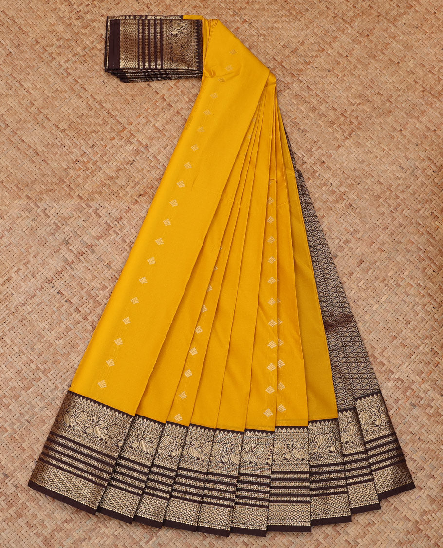 Yellow Budget Silk Saree, Enriched with Zari Buttas, a Contrast Traditional Zari Border, Grand Pallu, and a Contrast Blouse