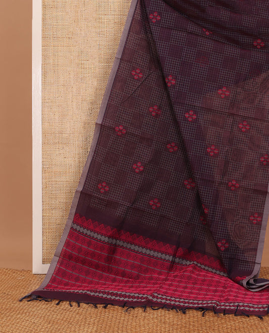 Chocolate brown checks & buttas Coimbatore cotton saree, contrast plain border & pallu of intricate designs