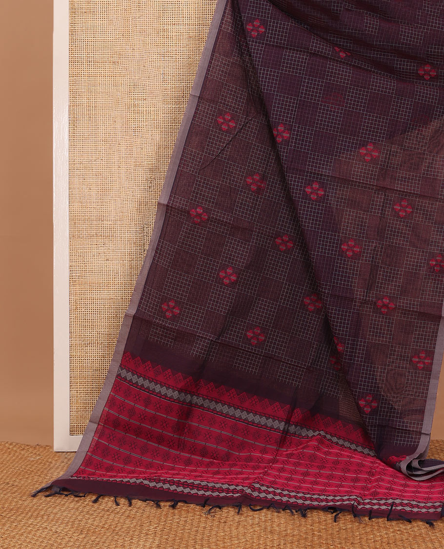 Chocolate brown checks & buttas Coimbatore cotton saree, contrast plain border & pallu of intricate designs
