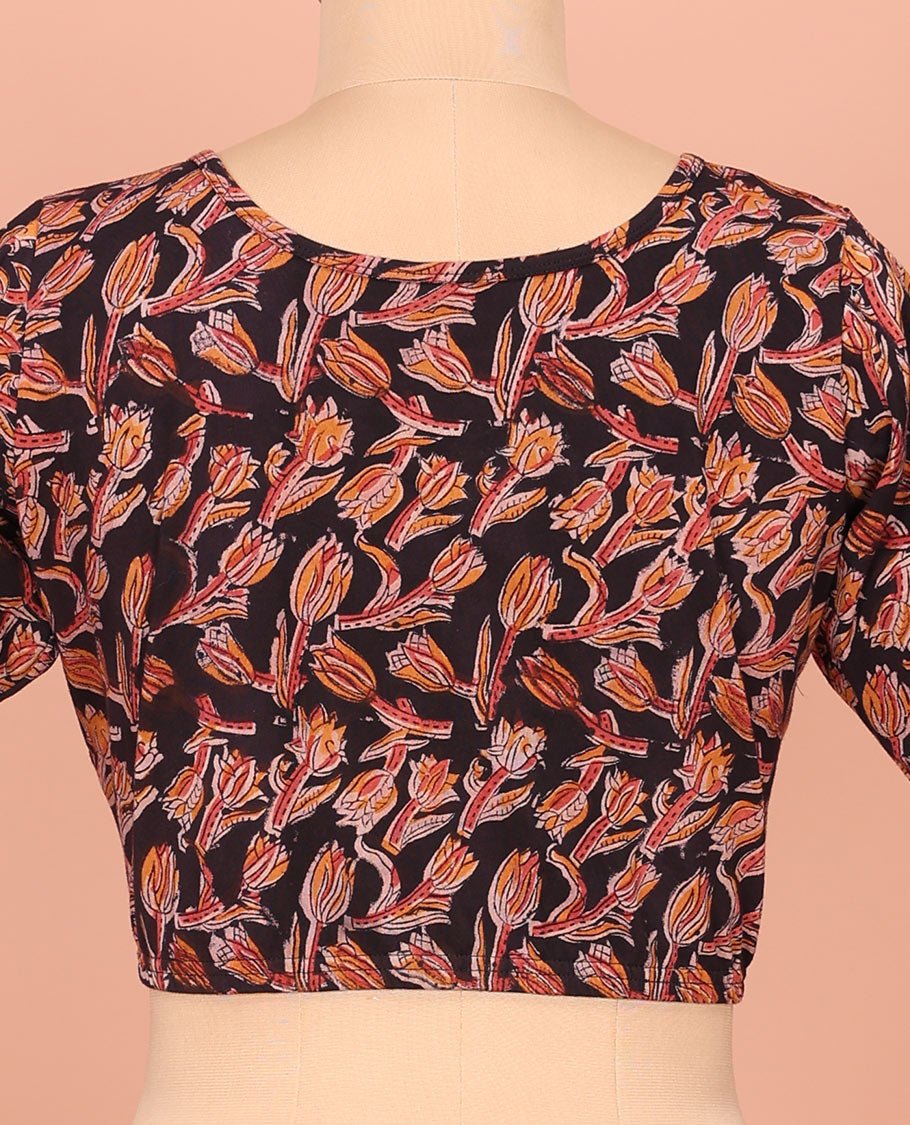 Black Cotton Readymade Blouse Accentuated with All-Over Floral Motifs Print, Featuring a Front Round-Neck, a Back Round-Neck, and Elbow Sleeves