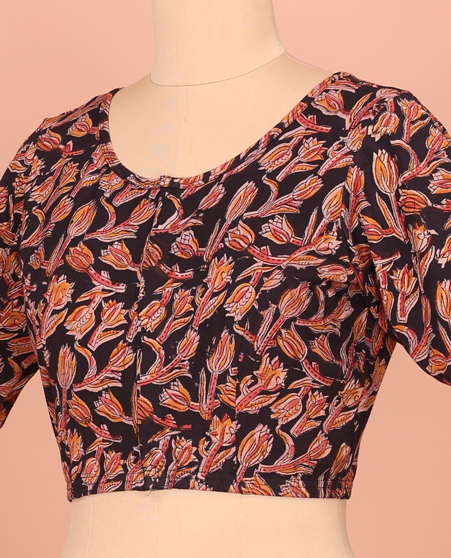 Black Cotton Readymade Blouse Accentuated with All-Over Floral Motifs Print, Featuring a Front Round-Neck, a Back Round-Neck, and Elbow Sleeves