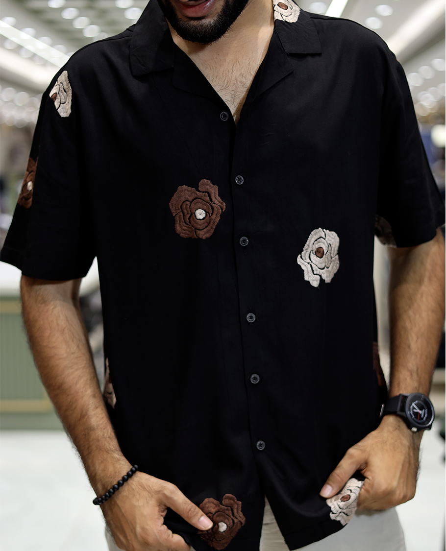 Black Floral Embroidery Cotton-Blended Casual Shirt