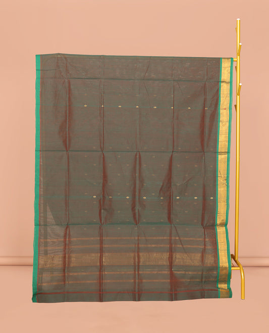Green Venkatagiri Cotton Saree Features Buttas, a Contrast Zari-Thread Border, Pallu of Stripes, and No Blouse