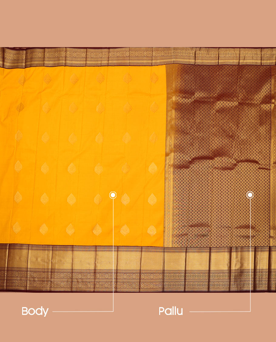 Yellow Budget Silk Saree, Subtly Sparkled Zari with Buttas All Over Its Body, Complemented by a Contrast Traditional Zari Border, Intricately Designed Pallu, and Paired with a Contrast Blouse