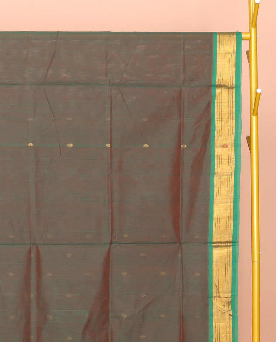 Green Venkatagiri Cotton Saree Features Buttas, a Contrast Zari-Thread Border, Pallu of Stripes, and No Blouse