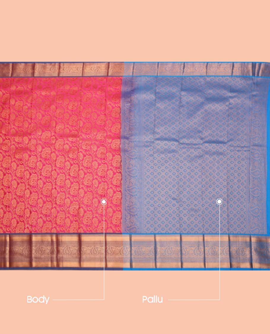 Pink Budget Silk Saree, Detailed with Floral Jacquard Design, Complemented by a Contrast Traditional Zari Border, Jaal Pallu, and a Contrast Blouse