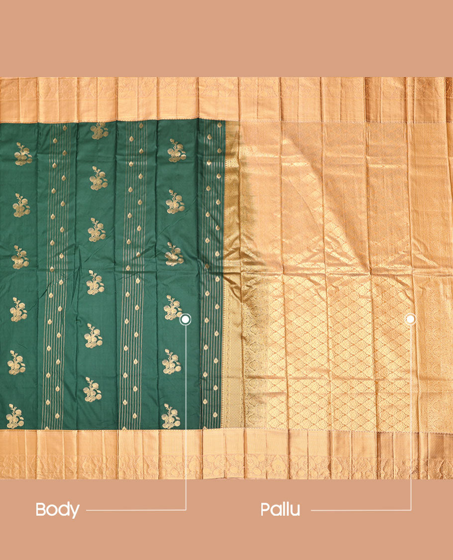 Green Budget Silk Saree, Woven with Zari Buttas and Stripes, Complemented by Contrast Traditional Zari Border, a Grand Jaal Pallu and a Contrast Blouse
