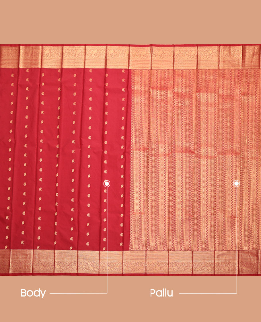 Red Budget Silk Saree, Decked Up with Zari Buttas, Highlighted by a Traditional Zari Border, Intricate Pallu, and a Matching Blouse