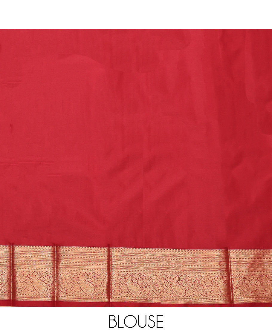 Red Budget Silk Saree, Decked Up with Zari Buttas, Highlighted by a Traditional Zari Border, Intricate Pallu, and a Matching Blouse