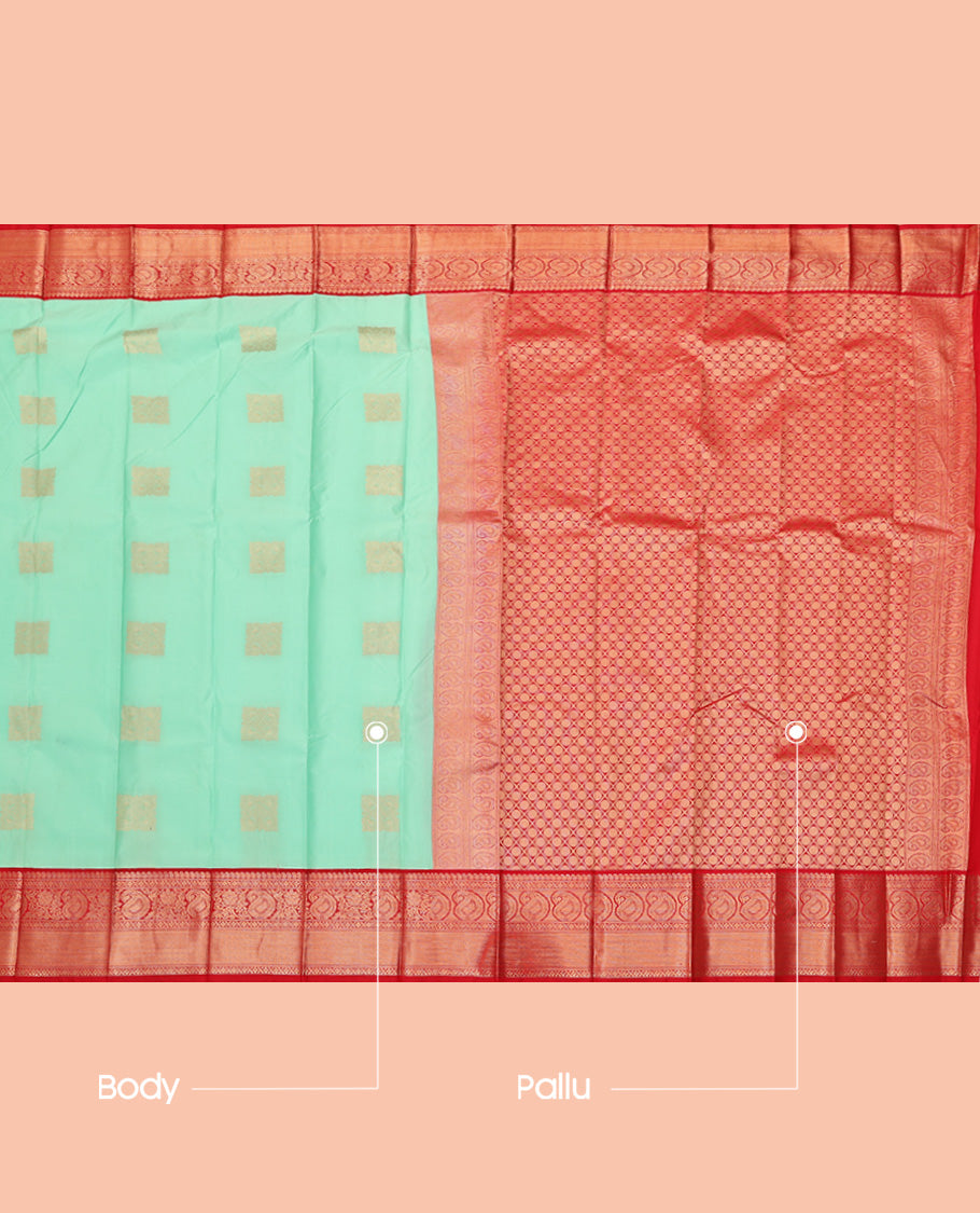 Turquoise Budget Silk Saree, Subtly Sparkled with Zari Buttas, a Contrast Traditional Zari Border, Jaal Pallu, and a Contrast Blouse