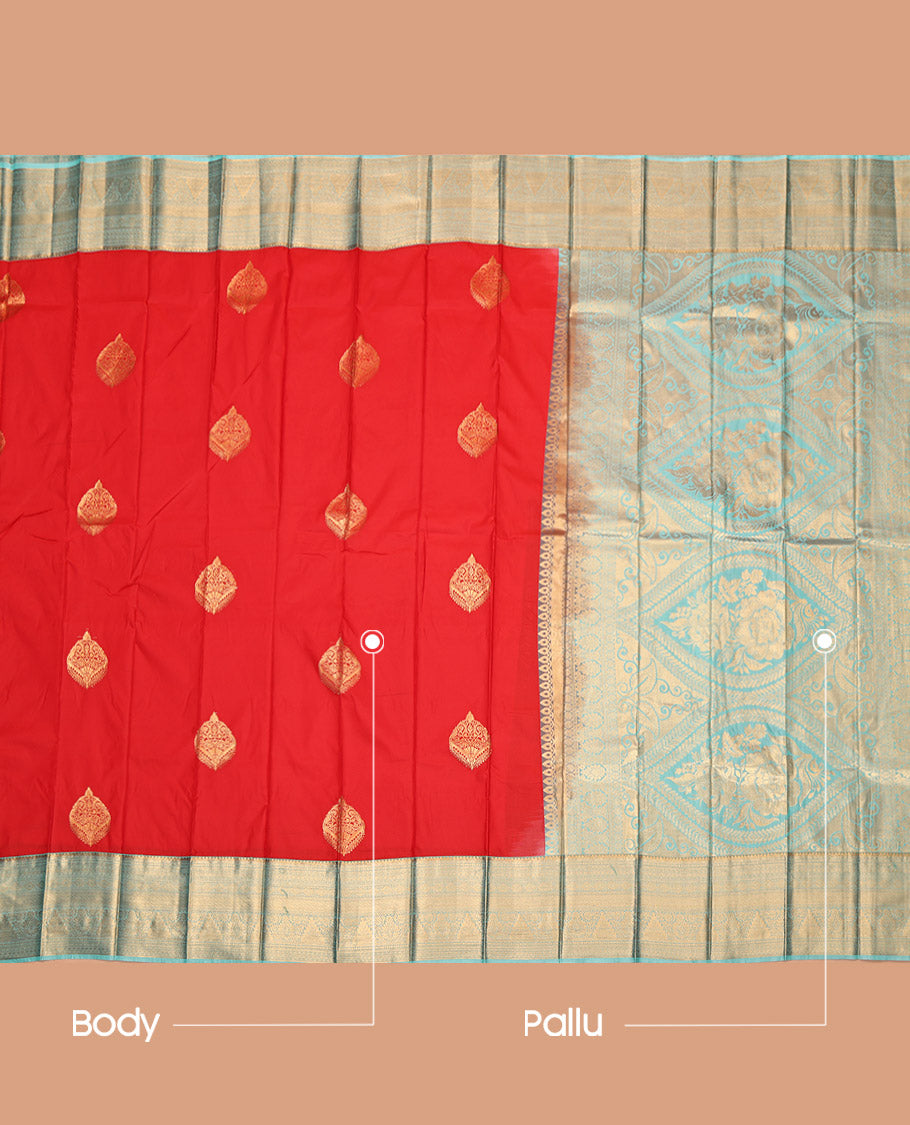 Orange Budget Silk Saree, Woven with Zari Buttas, Complemented by a Contrast Traditional Border, Grand Pallu, and a Contrast Blouse