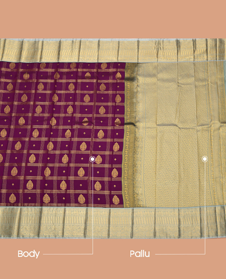 Purple Budget Silk Saree, Enthralled with Zari Buttas Enclosed Checks All Over Its Body, Complemented by Contrast Traditional Zari Border, Grand Geometric-Patterned Pallu, and Paired with a Contrast Blouse