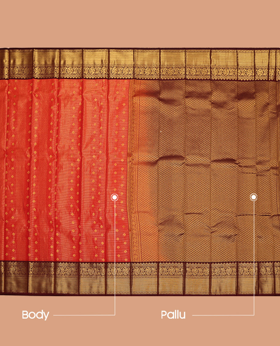 Red Budget Silk Saree, Elevated with Zari Buttas and Checked Design on Its Body, Complemented by a Contrast Traditional Zari Design Border, Grand Jaal-Patterned Pallu, and Paired with a Contrast Blouse