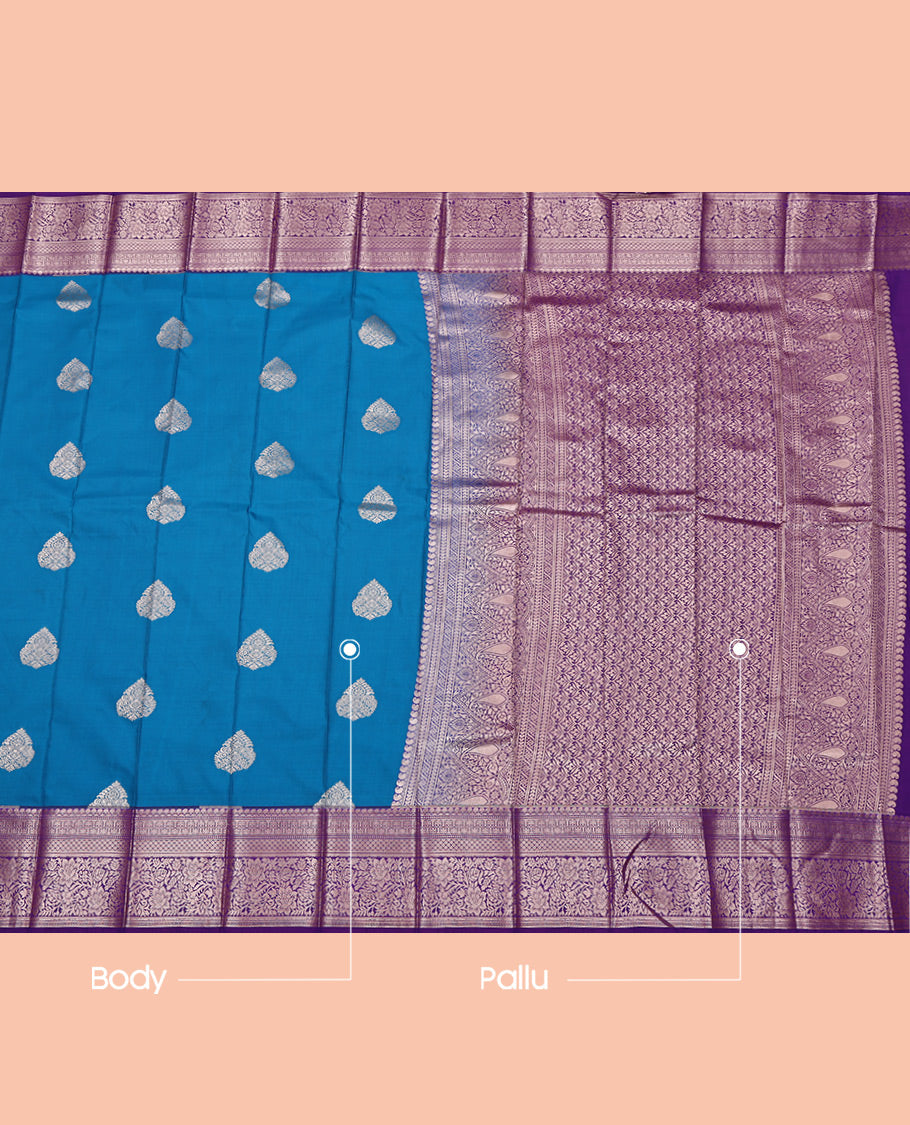 Blue Budget Silk Saree, Graced with Zari Buttas All Over Its Body, Complemented by a Contrast Traditional Zari Design Rettai Pettu Border, Intricate Pallu, and Paired with a Contrast Blouse