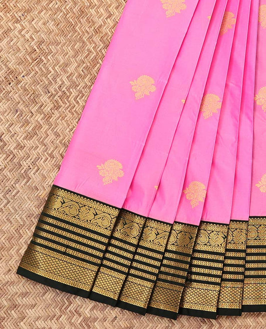 Pink Budget Silk Saree, Woven with Zari Buttas, a Contrast Traditional Zari Border, Grand Pallu, and a Contrast Blouse