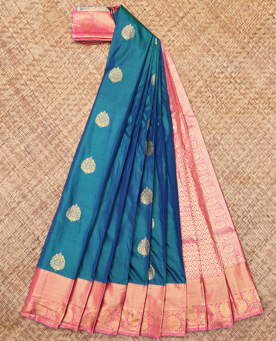 Blue Budget Silk Saree, Adorned with Zari Buttas, Complemented by Contrast Traditional Zari Border, a Grand Jaal Pallu and a Contrast Blouse