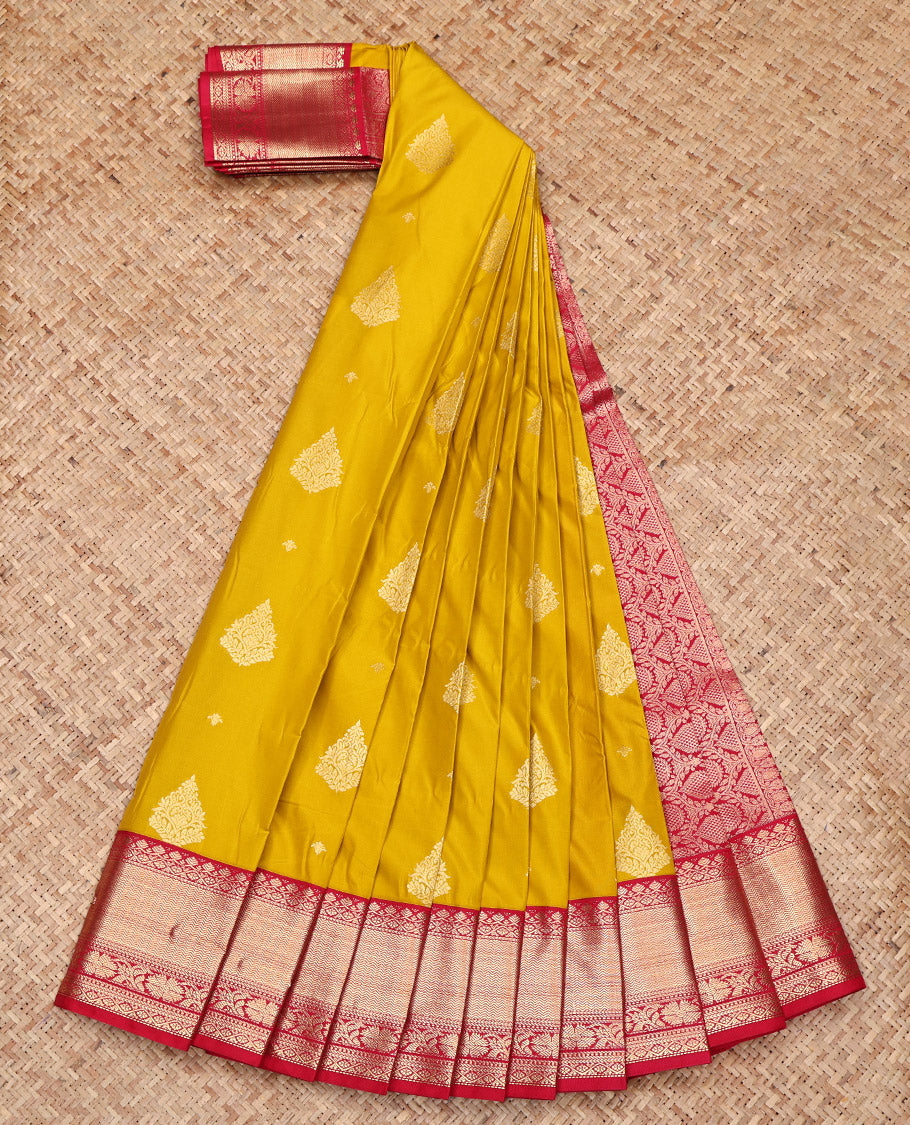 Yellow Budget Silk Saree, Decked Up with Zari Buttas on Its Body, Complemented by a Contrast Traditional Zari Design Border, Grand Pallu, and Paired with a Contrast Blouse