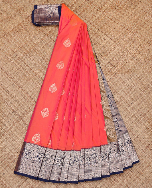Orange Budget Silk Saree, Detailed with Zari Buttas All Over Its Body, Complemented by a Contrast Traditional Zari Design Border, Intricate Pallu, and Paired with a Contrast Blouse