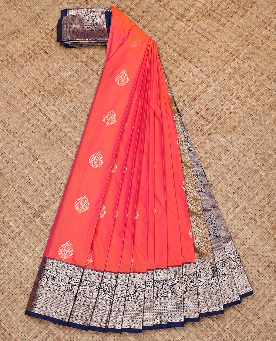 Orange Budget Silk Saree, Detailed with Zari Buttas All Over Its Body, Complemented by a Contrast Traditional Zari Design Border, Intricate Pallu, and Paired with a Contrast Blouse