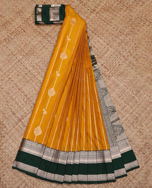 Yellow Budget Silk Saree, Enlivened with Zari Stripes on Its Body, Complemented by a Contrast Traditional Zari Design Rettai Pettu Border, Intricately Designed Pallu, and Paired with a Contrast Blouse