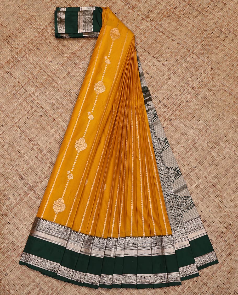 Yellow Budget Silk Saree, Enlivened with Zari Stripes on Its Body, Complemented by a Contrast Traditional Zari Design Rettai Pettu Border, Intricately Designed Pallu, and Paired with a Contrast Blouse