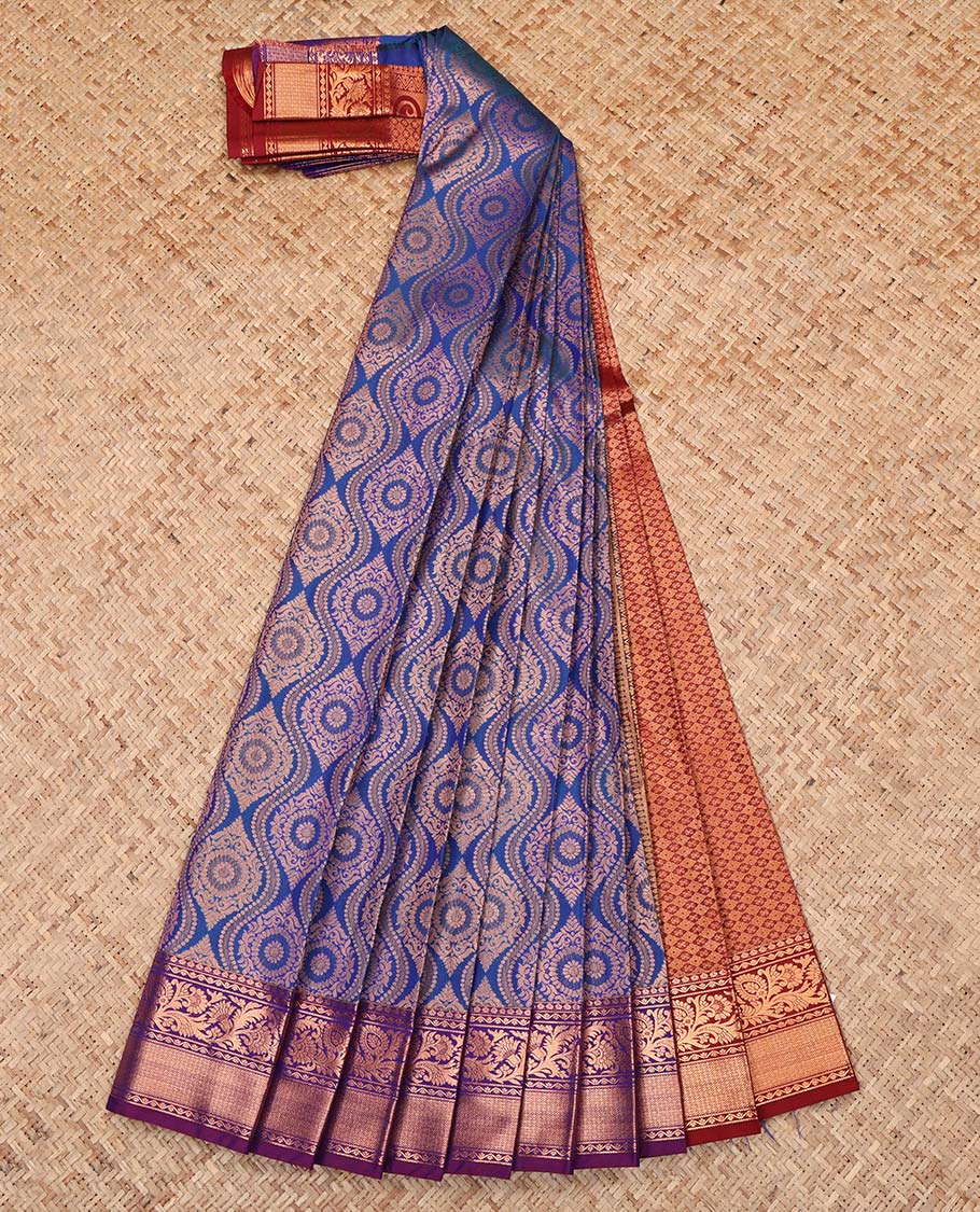 Blue Budget Silk Saree, Richly Detailed with Jacquard Design, Complemented by a Contrast Traditional Zari Border, Grand Pallu, and a Contrast Blouse