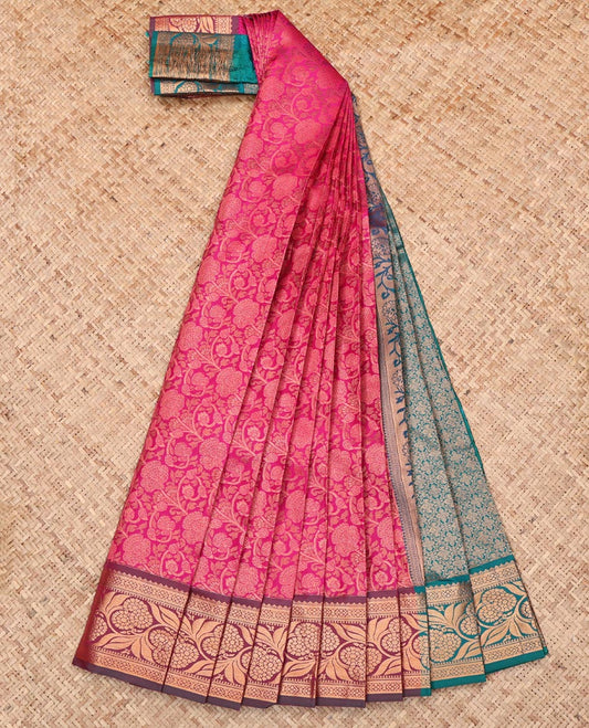 Pink Budget Silk Saree, Spotlighted with Floral Jacquard Design, Complemented by a Contrast Floral Creeper Zari Border, Grand Pallu, and Contrast Blouse
