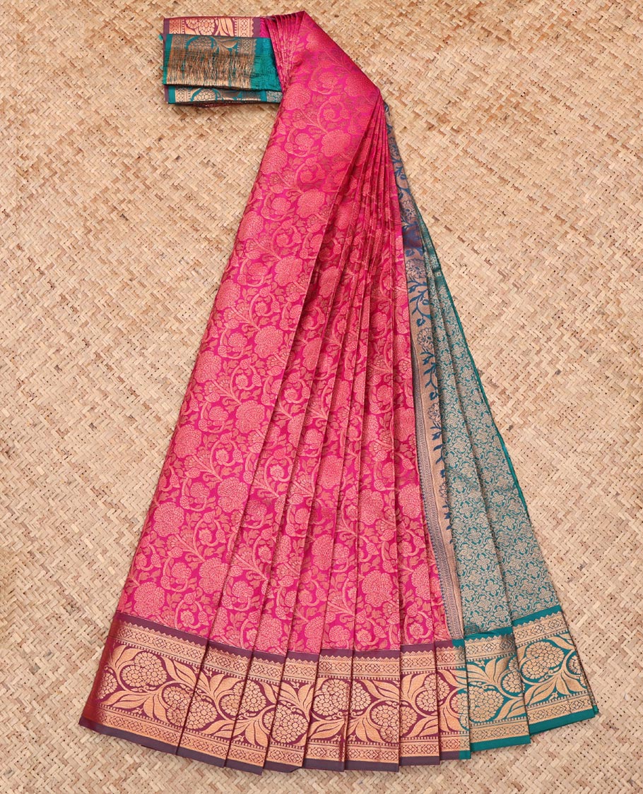 Pink Budget Silk Saree, Spotlighted with Floral Jacquard Design, Complemented by a Contrast Floral Creeper Zari Border, Grand Pallu, and Contrast Blouse
