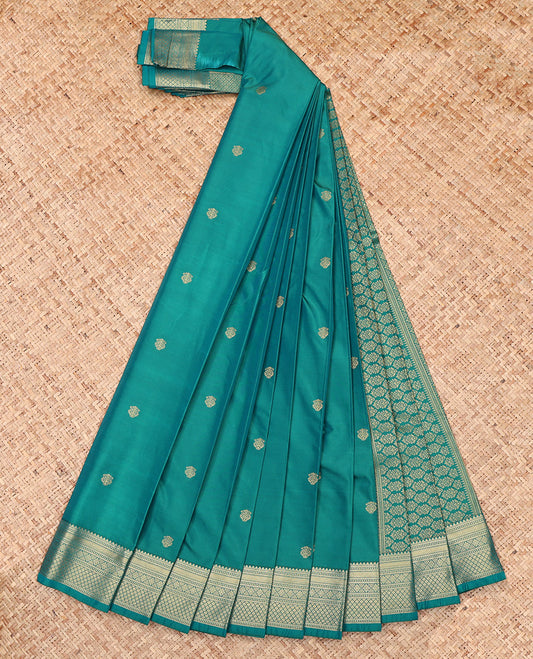 Green Budget Silk Saree, Ornamented with Zari Buttas, Highlighted by a Traditional Zari Border, Intricate Pallu, and a Matching Blouse